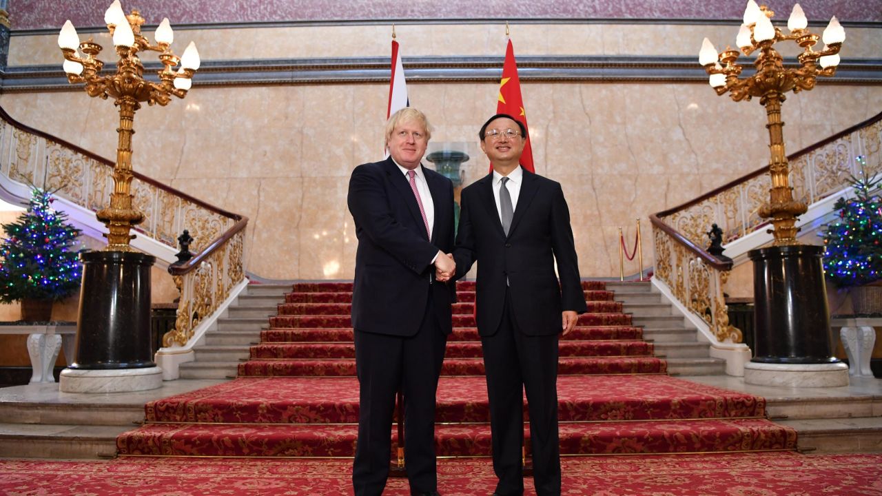British Foreign Secretary Boris Johnson welcomes Chinese State Councillor Yang Jiechi as they meet for the UK-China Strategic Dialogue meeting on December 20, 2016 in London, England.