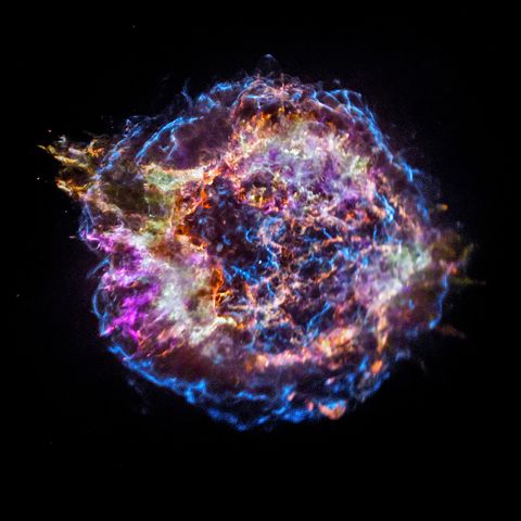 This "First Light" image from NASA's Chandra X-ray Observatory shows the location of different elements in the Cassiopeia A supernova remnant.