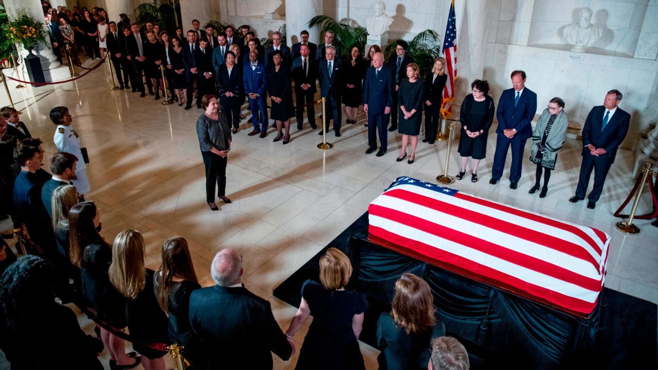 US Supreme Court Justice Elena Kagan, center, speaks at a private ceremony at the Great Hall of the Supreme Court, where former Justice John Paul Stevens was lying in repose on Monday, July 22. Kagan was the one who replaced Stevens after he retired in 2010. <a href="https://www.cnn.com/2019/07/16/politics/john-paul-stevens-dead/index.html" target="_blank">Stevens died last week</a> at the age of 99.
