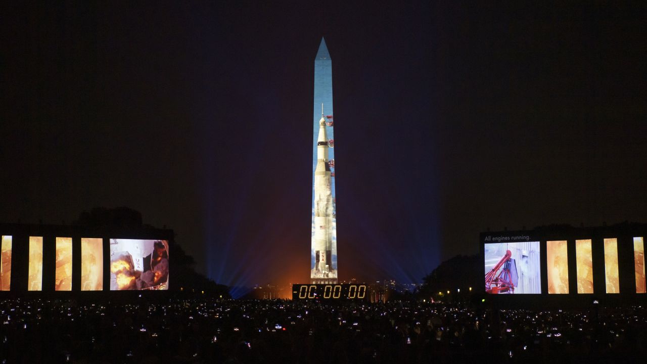 An image of a Saturn V rocket <a href="https://www.cnn.com/2019/07/17/us/apollo-11-washington-monument-anniversary-trnd/index.html" target="_blank">is projected onto the Washington Monument</a> on Friday, July 19, during a light show commemorating the 50th anniversary of the Apollo 11 mission. <a href="http://www.cnn.com/2019/07/18/world/gallery/week-in-photos-0719/index.html" target="_blank">See last week in 33 photos</a>