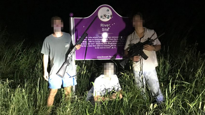This photo, obtained by ProPublica, shows three University of Mississippi students in front of a roadside plaque commemorating Emmett Till. The faces in this image were obscured by CNN because it has not been able to reach the individuals for comment.