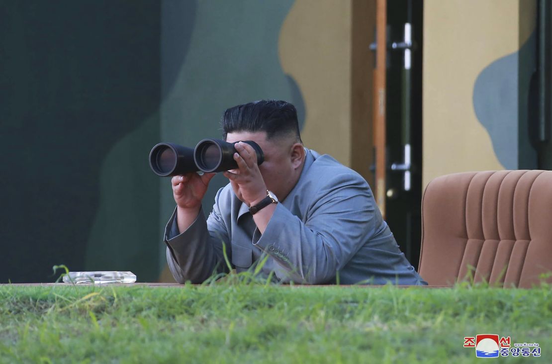 In this Thursday, July 25, 2019, photo provided on Friday, July 26, 2019, by the North Korean government, North Korean leader Kim Jong Un watches a missile test in North Korea. 