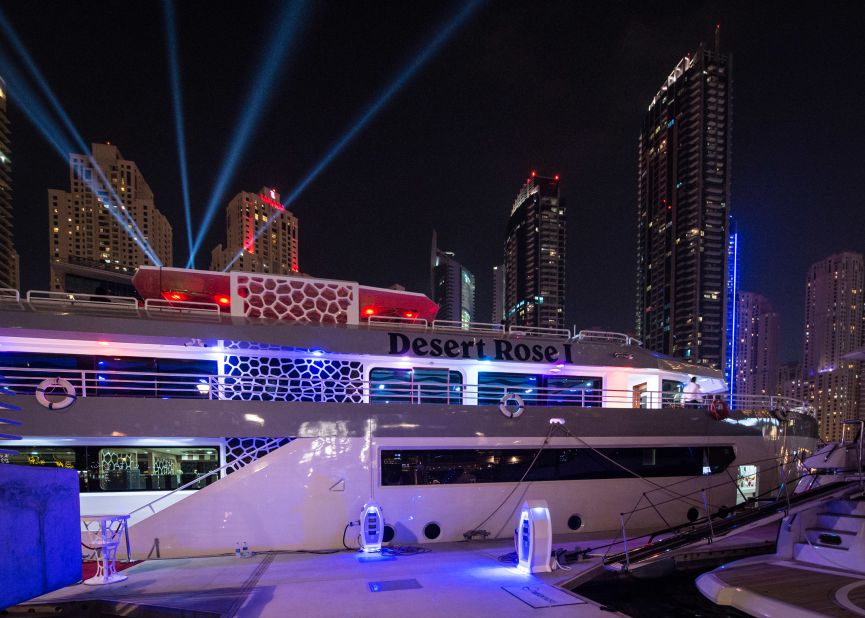 Don't have your own superyacht? No problem -- you can just hire one.<br />Pictured, the creators of the Tulwe Music App held their launch party and concert on the Desert Rose Yacht in Dubai Marina, available for hire at over $1,300 per hour. Singers Akon and Davido were among the performers making waves at the event.