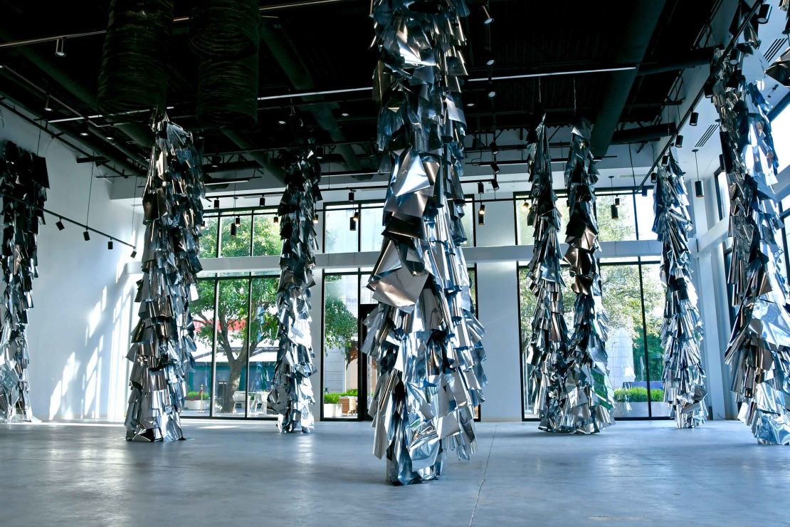 Houston's space-age mylar Apollo 11 art installation is comprised of 4,000 hand-cut mylar flags (the same shiny, durable material that was used to create space blankets in the 1960s).