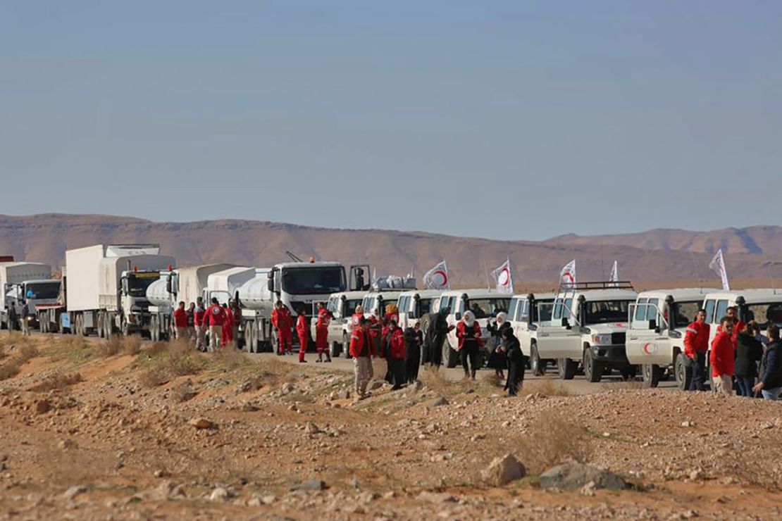 This picture shows an aid convoy of the Red Crescent arriving at Rukban on February 06, 2019. The displaced in Rukban have not received aid since. 