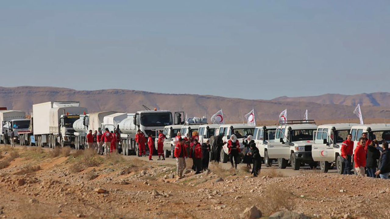 This picture shows an aid convoy of the Red Crescent arriving at Rukban on February 06, 2019. The displaced in Rukban have not received aid since.