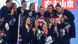 USA's players pose for a selfie as they celebrate their gold medal  on the podium of the women's water polo event at the 2019 World Championships at Nambu University Grounds in Gwangju, South Korea.