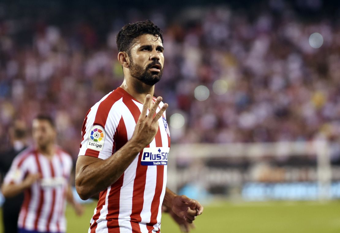 Atletico Madrid's Diego Costa celebrates after scoring his third goal.