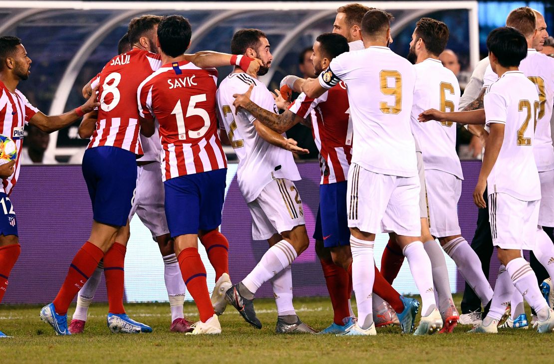 Real Madrid's Dani Carvajal brawls with players from Atletico during the 2019 International Champions Cup clash.
