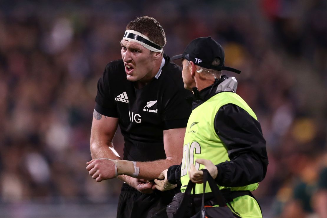 Brodie Retallick suffers a dislocated shoulder during the clash with South Africa.