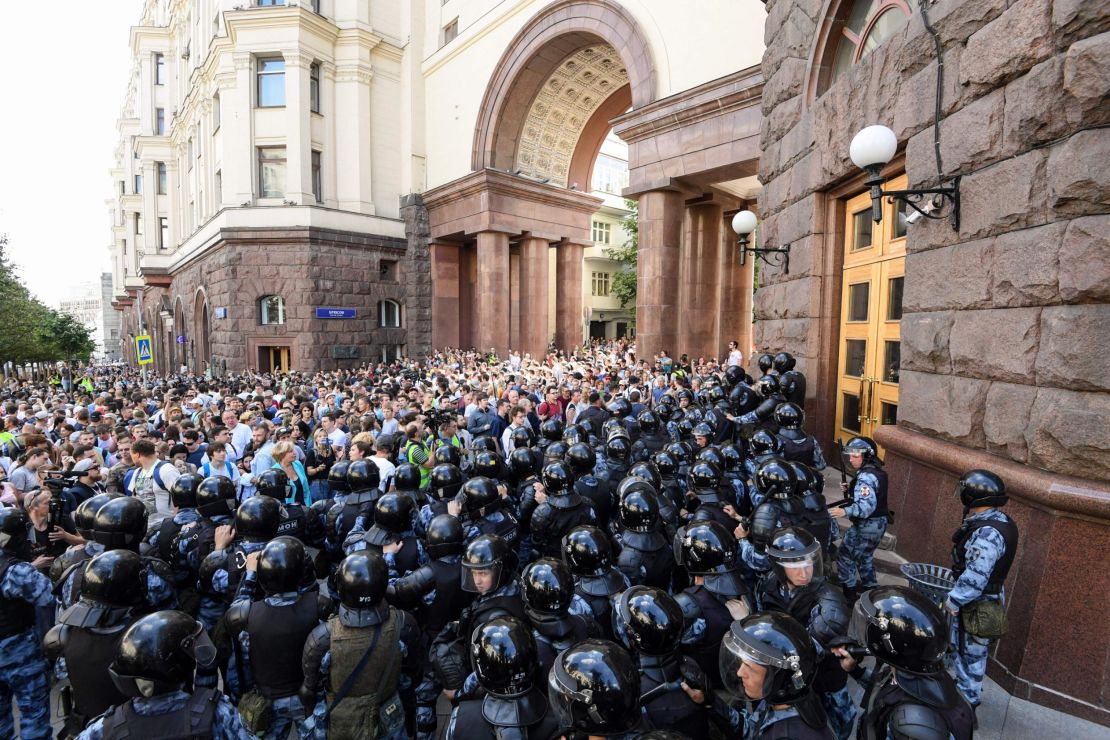 Protesters take to the streets of Moscow after a number of opposition politicians were barred from running in municipal elections in September.