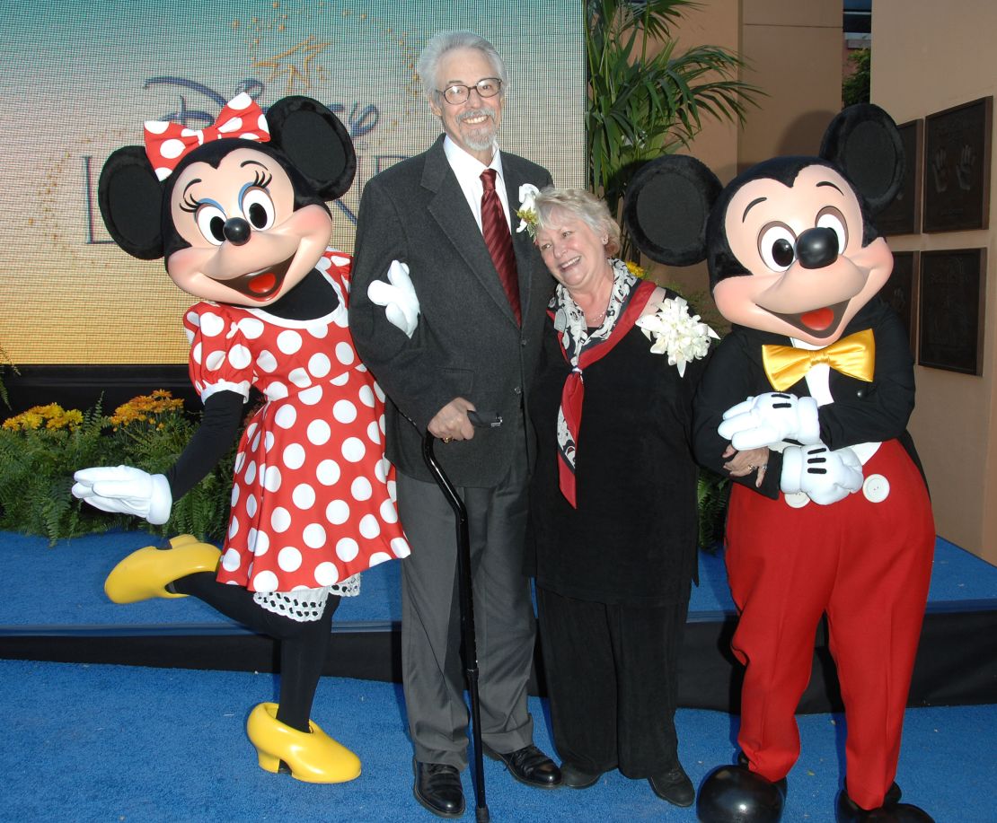 Wayne Allwine, the voice of Micky Mouse, and Russi Taylor, his wife and the voice of Minnie Mouse, with those characters at Walt Disney Studios on October 13, 2008. in Burbank, California. 