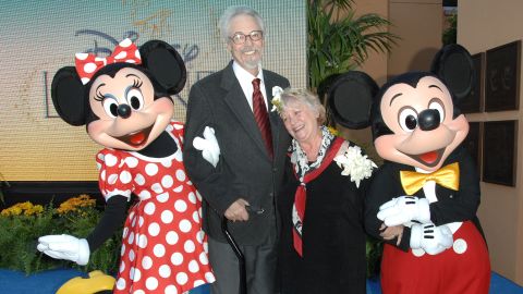 Wayne Allwine, the voice of Micky Mouse, and Russi Taylor, his wife and the voice of Minnie Mouse, with those characters at Walt Disney Studios on October 13, 2008. in Burbank, California.