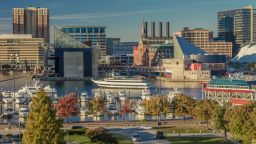 Baltimore Inner Harbor late afternoon lighting of ships and skyline, Baltimore, Maryland, shot from Federal Park Hill. (Photo by: Joe Sohm/Visions of America/Universal Images Group via Getty Images)