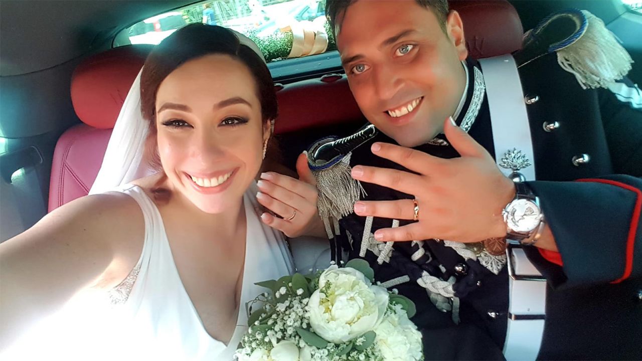 Slain police officer Mario Cerciello Rega and his wife on their wedding day, less than six weeks ago.