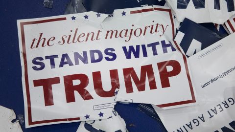 WARREN, MI - MARCH 04: Discarded campaign posters litter the floor following a rally with Republican presidential candidate Donald Trump at Macomb Community College on March 4, 2016 in Warren, Michigan. Voters in Michigan will go to the polls March 8 for the State's primary. (Photo by Scott Olson/Getty Images)