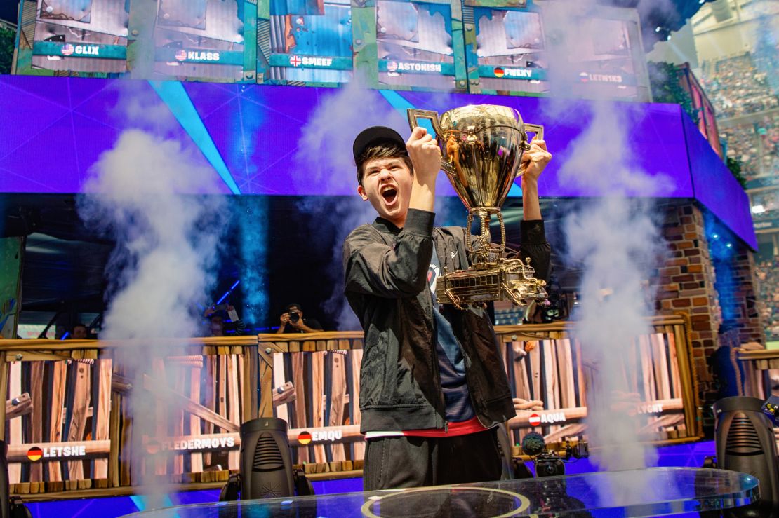 Kyle 'Bugha' Giersdorf, 16, celebrates his solo win at the Fortnite World Cup.