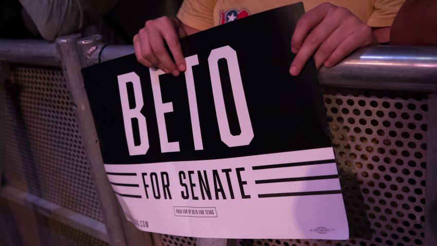 HOUSTON, TX - OCTOBER 08: A supporter holds a sign at a campaign rally for Democratic Senate candidate Beto O'Rourke at White Oak Music Hall on October 8, 2018 in Houston, Texas. O'Rourke is running against incumbent Republican Sen. Ted Cruz (R-TX) in the midterm elections. (Photo by Loren Elliott/Getty Images)