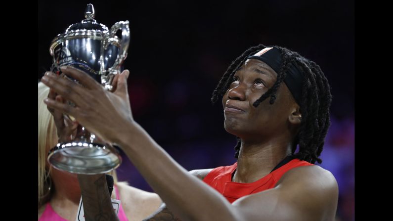 Indiana Fever's Erica Wheeler cries as she holds up the WNBA All-Star game MVP trophy in Las Vegas, Nevada, on Saturday, July 27.
