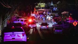 Police vehicles arrive on the scene of the investigation following a deadly shooting at the Gilroy Garlic Festival in Gilroy, 80 miles south of San Francisco, California on July 28, 2019. - Three people were killed and at least 15 others injured in a shooting at a major food festival in California on Sunday, police said. Officers confronted and shot dead the suspect "in less than a minute," said Scot Smithee, police chief of the city of Gilroy, 30 miles (48 kilometers) southeast of San Jose. (Photo by Philip Pacheco / AFP)        (Photo credit should read PHILIP PACHECO/AFP/Getty Images)