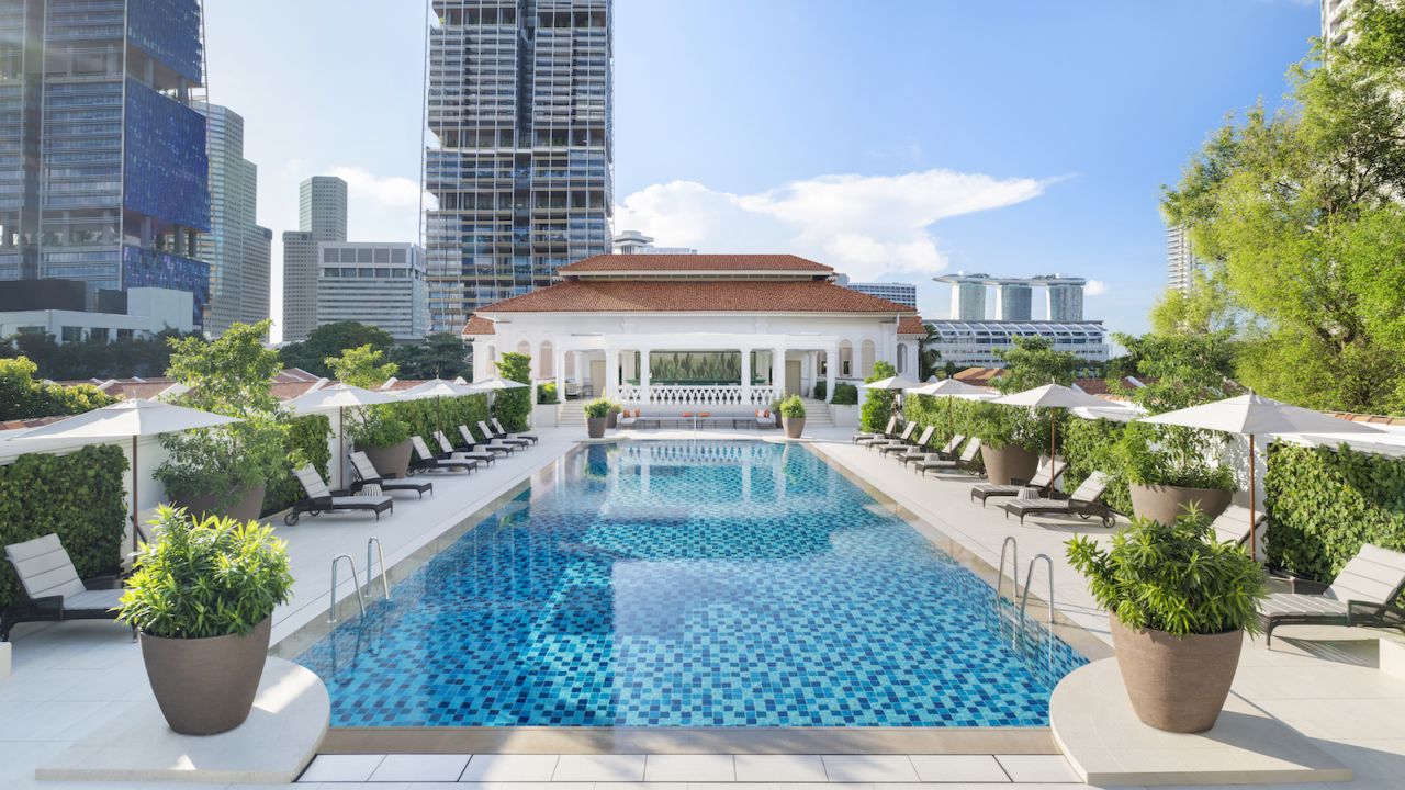 <strong>The pool: </strong>After a day of roaming Singapore's streets, guests can retreat to the Raffles Hotel's rooftop swimming pool.