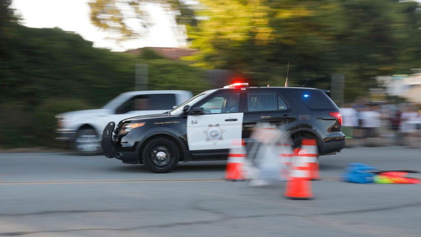 Emergency vehicles head towards the Gilroy Garlic Festival following a shooting in Gilroy, Calif., on Sunday, July 28, 2019. (Nhat V. Meyer/San Jose Mercury News via AP)