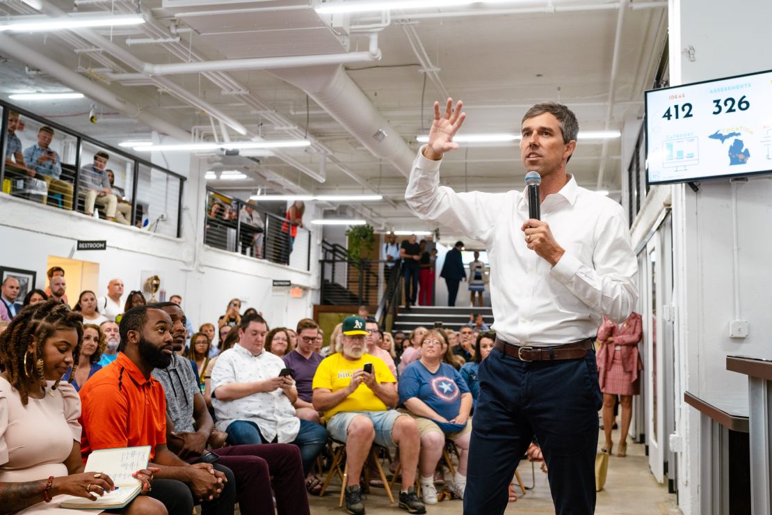 Democratic presidential candidate Beto O'Rourke speaks at a town hall meeting for around 200 attendees at the Ferris Wheel building in downtown Flint.