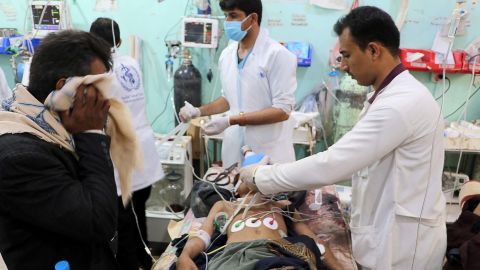 A victim injured in the attack on a market in Yemen's Saada province receives medical attention at a local hospital on July 29.