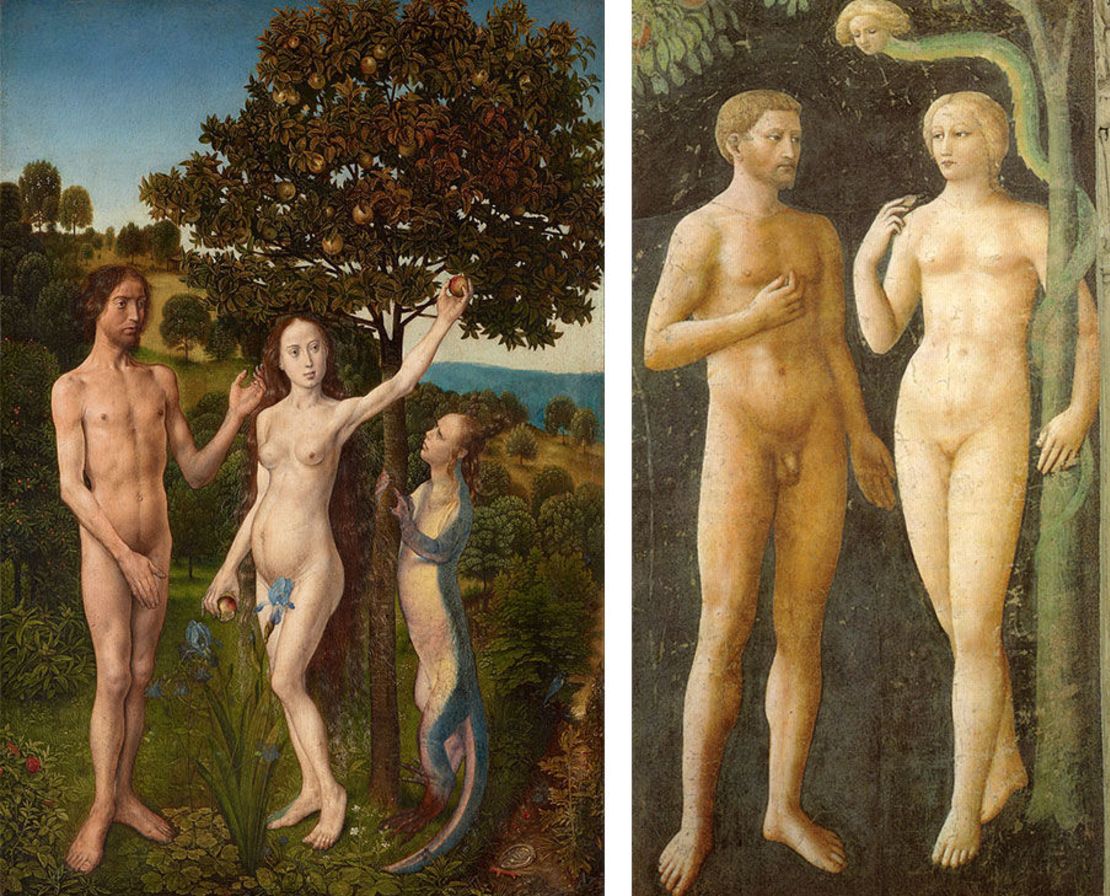 Left: "The Fall of Man and The Lamentation" (1470-75) by Hugo van der Goes Right: "Temptation of Adam and Eve" (ca. 1425) by Masolino da Panicale