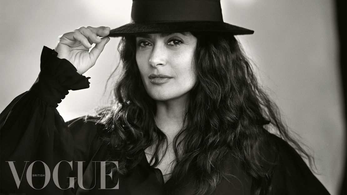 A photograph of Salma Hayek, shot by Lindbergh for the September 2019 issue of British Vogue