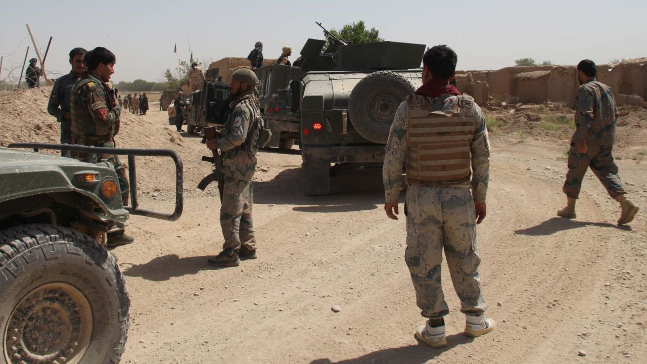 Afghan security officials patrol in Helmand, Afghanistan, 17 May 2019. According to reports the international forces airstrike in southern Helmand province has mistakenly killed at least 17 government forces and wounded 14 others.