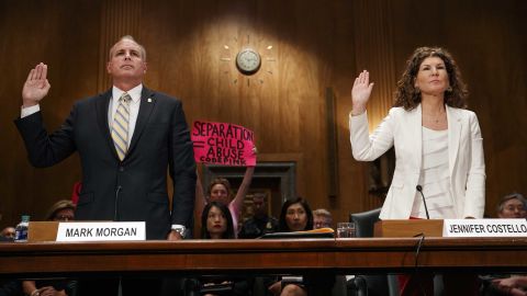 As protesters hold up signs behind them, Customs and Border Patrol acting Commissioner Mark Morgan, at left, and Department of Homeland Security Acting Inspector General Jennifer Costello, are sworn in before testifying to the Senate Homeland Security Committee on Tuesday on Capitol Hill in Washington. (AP Photo/Jacquelyn Martin)