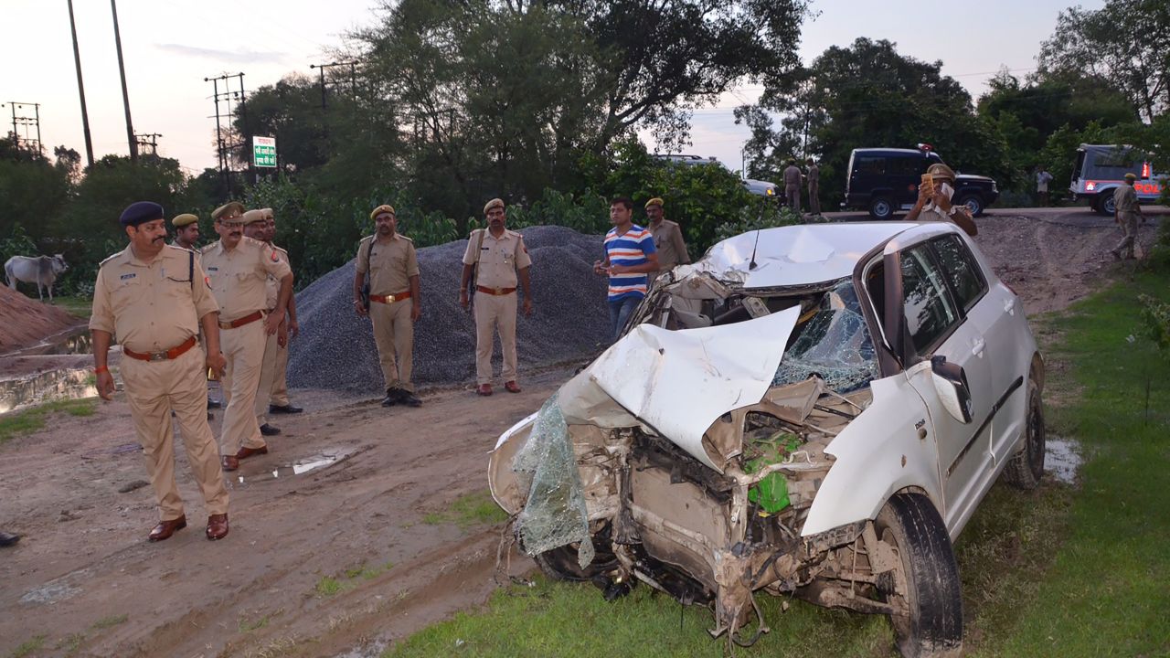 The wreckage of the car the alleged victim was traveling in when it collided with a truck in northern Uttar Pradesh. 