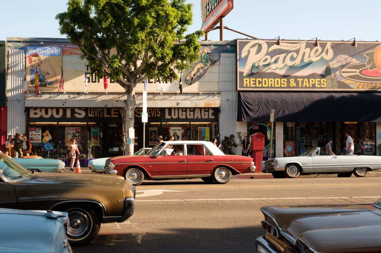 Cars on Hollywood Boulevard during the location shoots for "Once Upon A Time... In Hollywood."