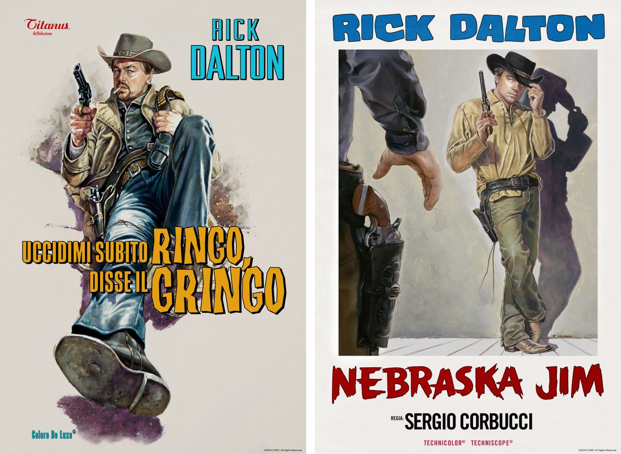 Two posters for fictional Rick Dalton films, "Uccidimi subito Ringo, Disse il Gringo" ("Kill Me Now Ringo, Said the Gringo") and "Nebraska Jim," designed by lauded Italian poster artist Renato Casaro for "Once Upon A Time... In Hollywood."