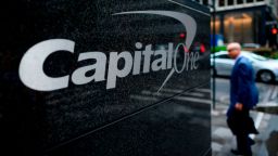 The Capital One Bank Headquarters is pictured on  July 30, 2019 in New York City. - A hacker accessed more than 100 million credit card applications with US financial heavyweight Capital One, the firm said on July 29, 2019, in one of the biggest data thefts to hit a financial services company. FBI agents arrested Paige Thompson, 33, a former Seattle technology company software engineer, after she boasted about the data theft on the information sharing site GitHub, authorities said. (Photo by Johannes EISELE / AFP)        (Photo credit should read JOHANNES EISELE/AFP/Getty Images)