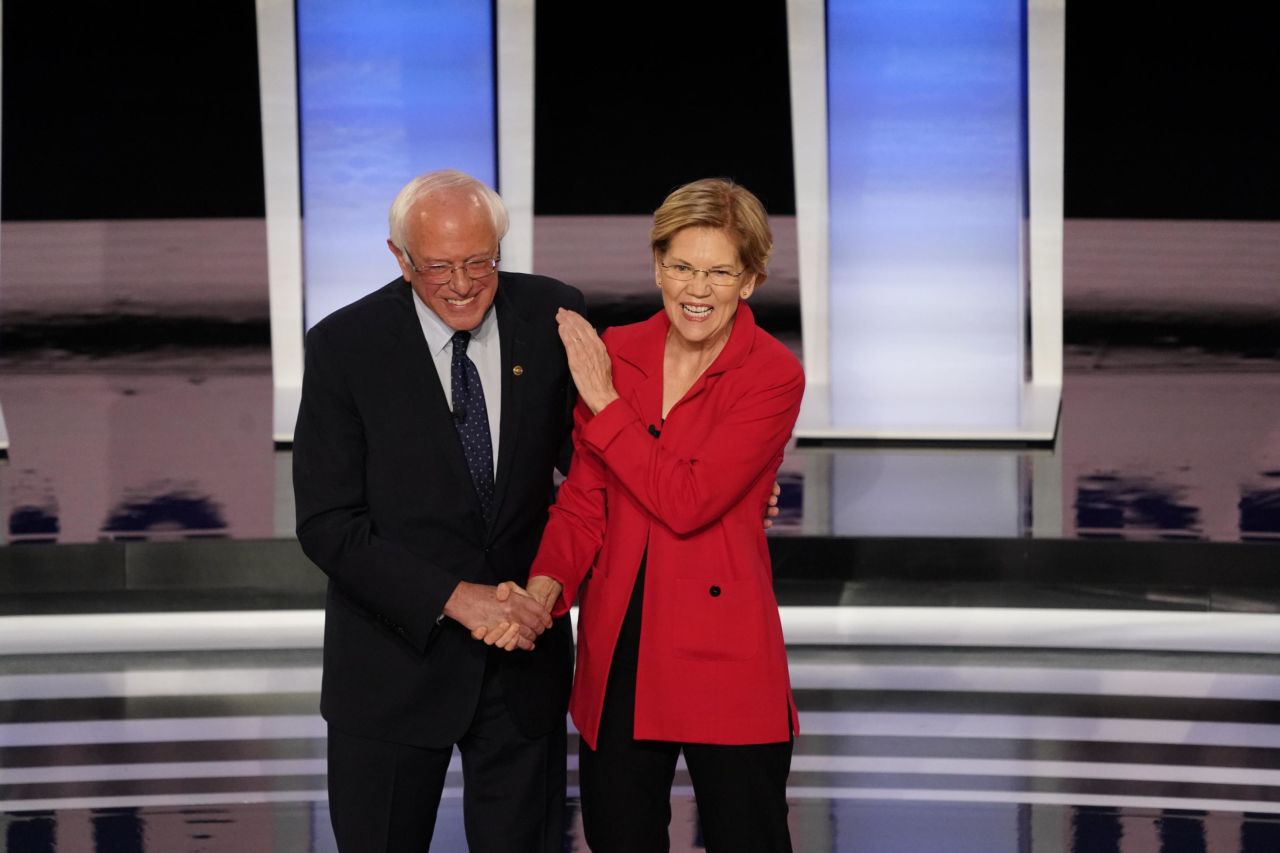 Sanders and Warren shake hands during introductions.