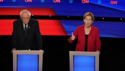 Democratic presidential hopefuls US senator from Vermont Bernie Sanders and US Senator from Massachusetts Elizabeth Warren at the Democratic presidential debate hosted by CNN at the Fox Theater in Detroit on Tuesday, July 30.