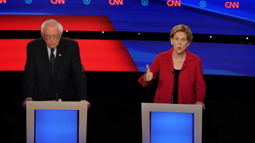Democratic presidential hopefuls US senator from Vermont Bernie Sanders and US Senator from Massachusetts Elizabeth Warren at the Democratic presidential debate hosted by CNN at the Fox Theater in Detroit on Tuesday, July 30. 