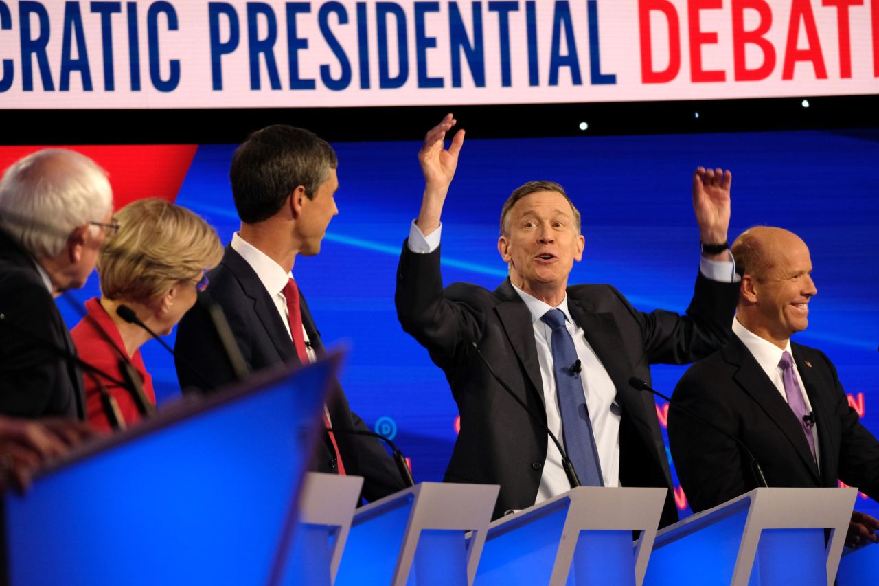 <a href="https://www.cnn.com/politics/live-news/democratic-debate-july-30-2019/h_927cb65671211bd108edf0a1ca543cf5" target="_blank">Hickenlooper called out Sanders</a> for throwing up his hands in an awkward exchange over Sanders' policies.