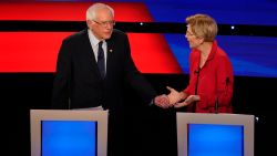 Democratic presidential candidates Bernie Sanders and Elizabeth Warren are seen onstage at the Democratic presidential debate hosted by CNN at the Fox Theater in Detroit on Tuesday, July 30.