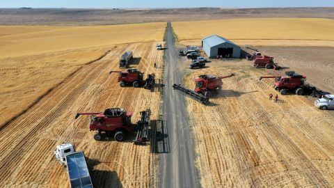 A community of farmers harvests the wheat on Larry Yockey's farm.