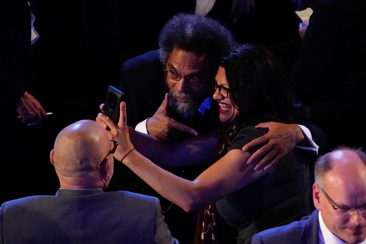 US Rep. Rashida Tlaib, whose district includes part of Detroit, takes a selfie with activist and professor Cornel West. Last November, Tlaib and Rep. Ilhan Omar of Minnesota became the first two Muslim women ever elected to Congress.