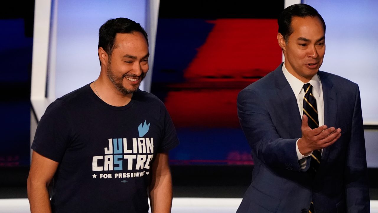 Castro, right, is joined by his twin brother, Joaquin, ahead of the debate. Julián Castro is a former San Antonio mayor who was secretary of Housing and Urban Development during the Obama administration. Joaquin Castro has been a member of Congress since 2013.