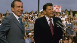 Politicians Ronald Reagan (R) and Richard Nixon campaigning.  (Photo by Dirck Halstead/The LIFE Images Collection via Getty Images/Getty Images)
