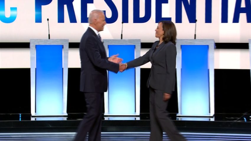 Presidential candidates Joe Biden and Kamala Harris at the Democratic presidential debate hosted by CNN at the Fox Theater in Detroit on Wednesday, July 31.