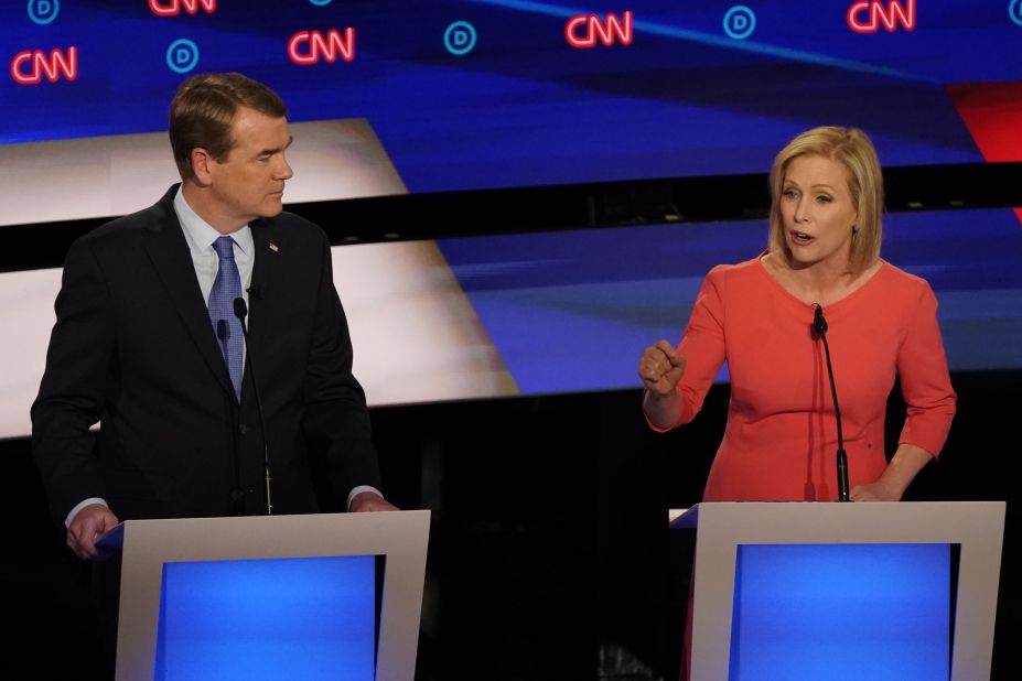 Gillibrand delivers an answer during the CNN Democratic debates in July 2019. At one point during the debate, Gillibrand said: "The first thing that I'm going to do when I'm president is I'm going to Clorox the Oval Office. The second thing I'm going to do is I will reengage on global climate change."