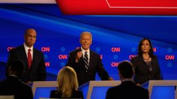 Presidential candidates Cory Booker, Joe Biden and Kamala Harris participate in the CNN Democratic debate in Detroit on Wednesday, July 31.