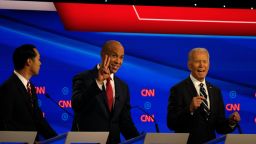 Presidential candidates Julián Castro, Cory Booker and Joe Biden participate in the CNN Democratic debate in Detroit on Wednesday, July 31.