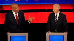 Presidential candidates Cory Booker and Joe Biden participate in the CNN Democratic debate in Detroit on Wednesday, July 31.